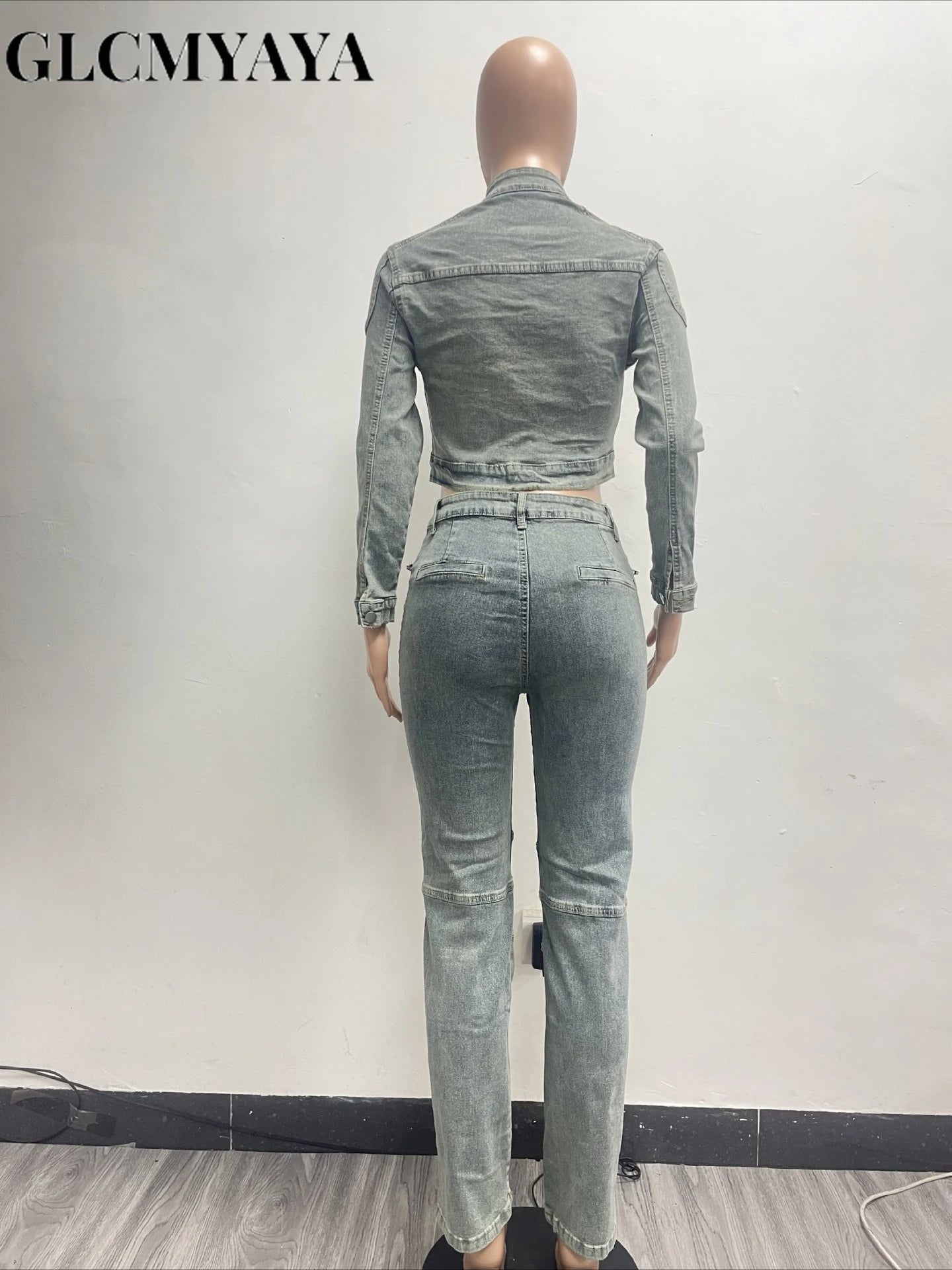 FZ Women's Patchwork Pencil Street Two 2 Piece Washed Denim Pants Suit