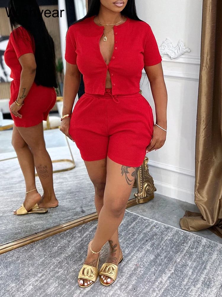 FZ Women's Casual Two Piece Short Sleeve Rib Hot Shorts Suit