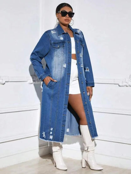 FZ Women's  Street Style Turndown Collar Loose Denim Hole Jacket - FZwear