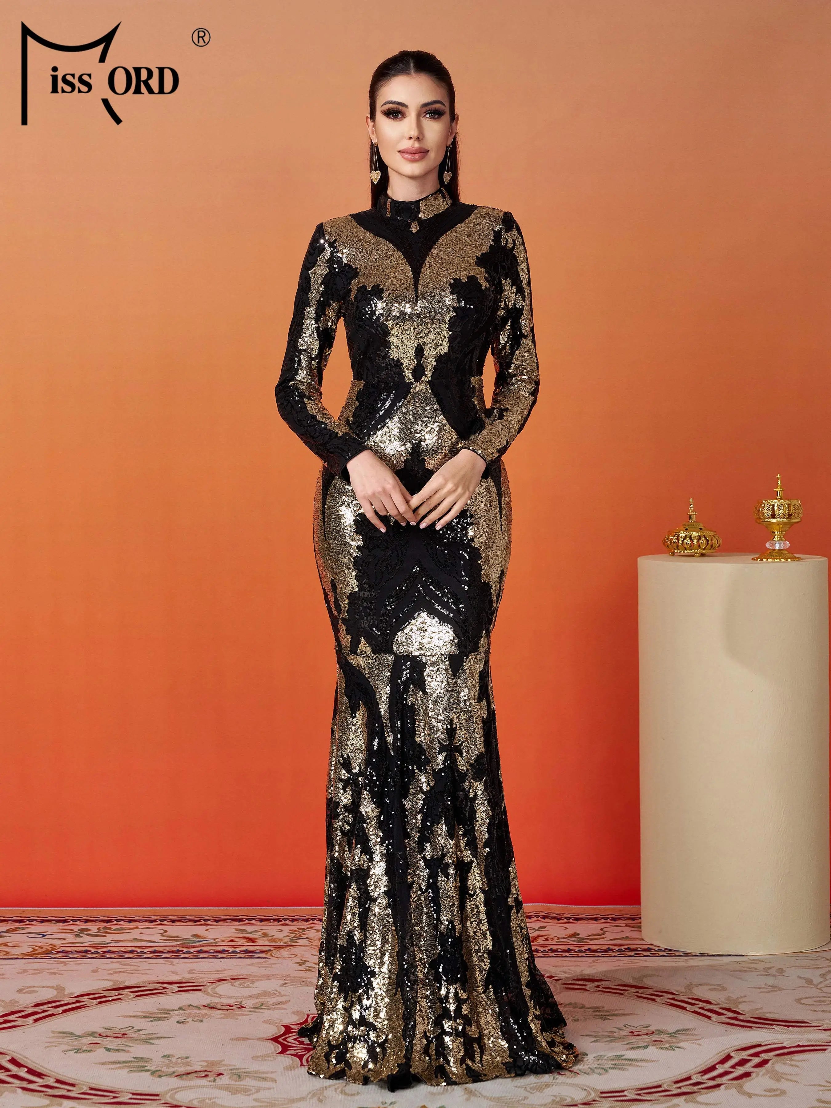 FZ Women's Round Neck Geometry Long Sleeved Sequin Mermaid Evening Dress