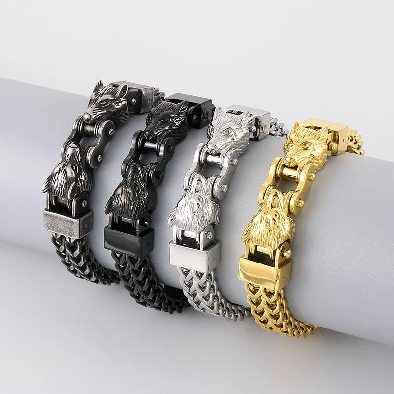 FZ Stainless Steel Multiple Color Double Wolf Hand Wrist Net Chain Bracelet