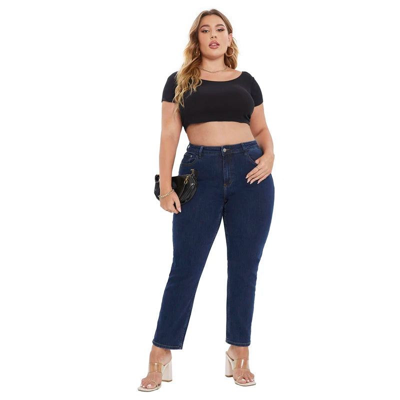 Plus Size Women Jeans Spring Stretchy Straight Loose Blue Full Length Mid Rise Waist Washing 4XL 6XL 110 Kgs Lady Pants FZwear