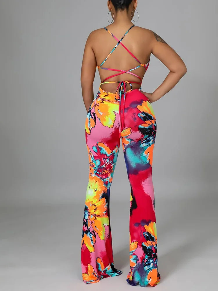 FZ Women's Sexy Floral Print Strap Backless Jumpsuit - FZwear