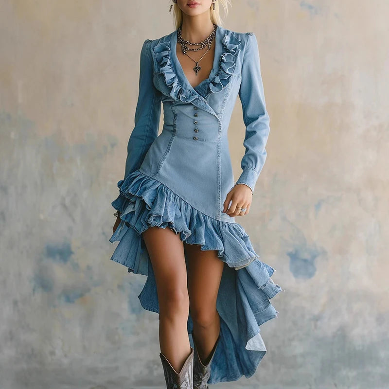 FZ Women's Ruffled Waist Pleat Irregular Solid Slim V-neck Wash Denim Dress