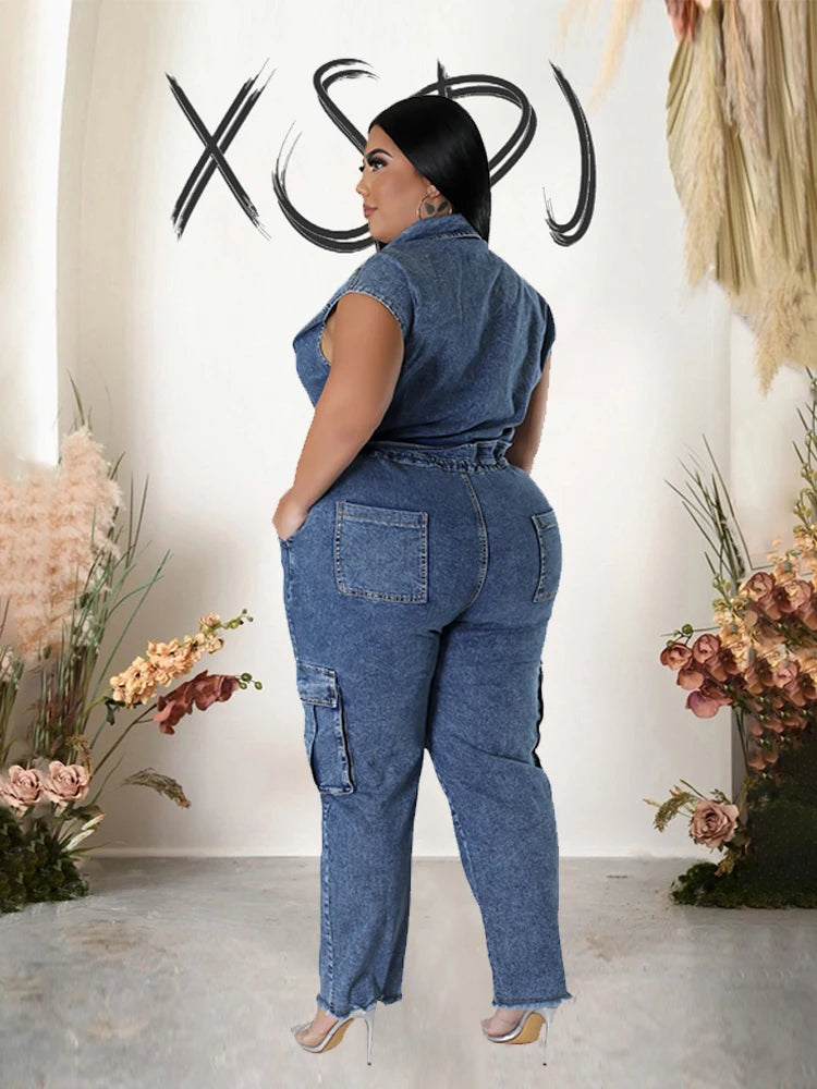 FZ Women's Elastic Waist One Piece Sleeveless Denim Jumpsuit