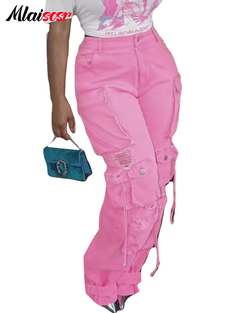 FZ Women's Multi Pockets Wide Legs Washed Street Vintage Denim Pants