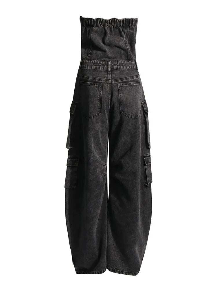 FZ Women's Solid Patchwork Strapless Sleeveless High Waist Denim Jumpsuit - FZwear