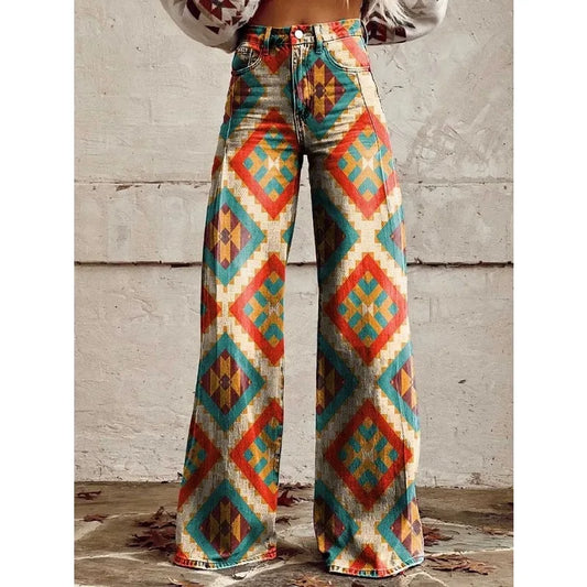 FZ Women's Vintage Flower Print Wide Leg Leopard Aztec Streetwear Bohemia Pants