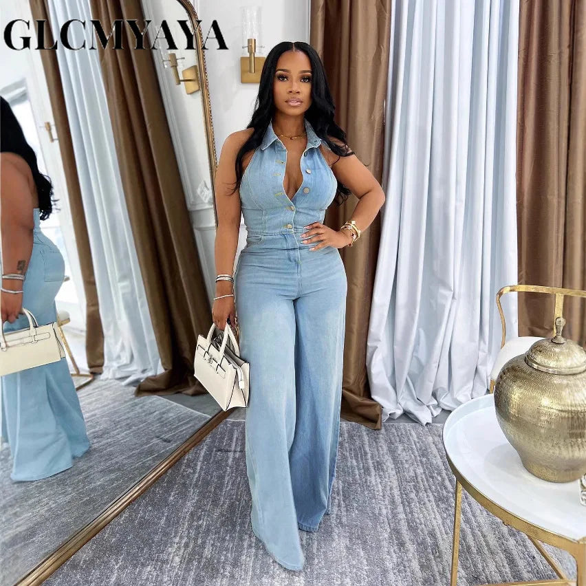 FZ Women's Sleeveless Single Breasted Wide Leg  Denim Jumpsuit