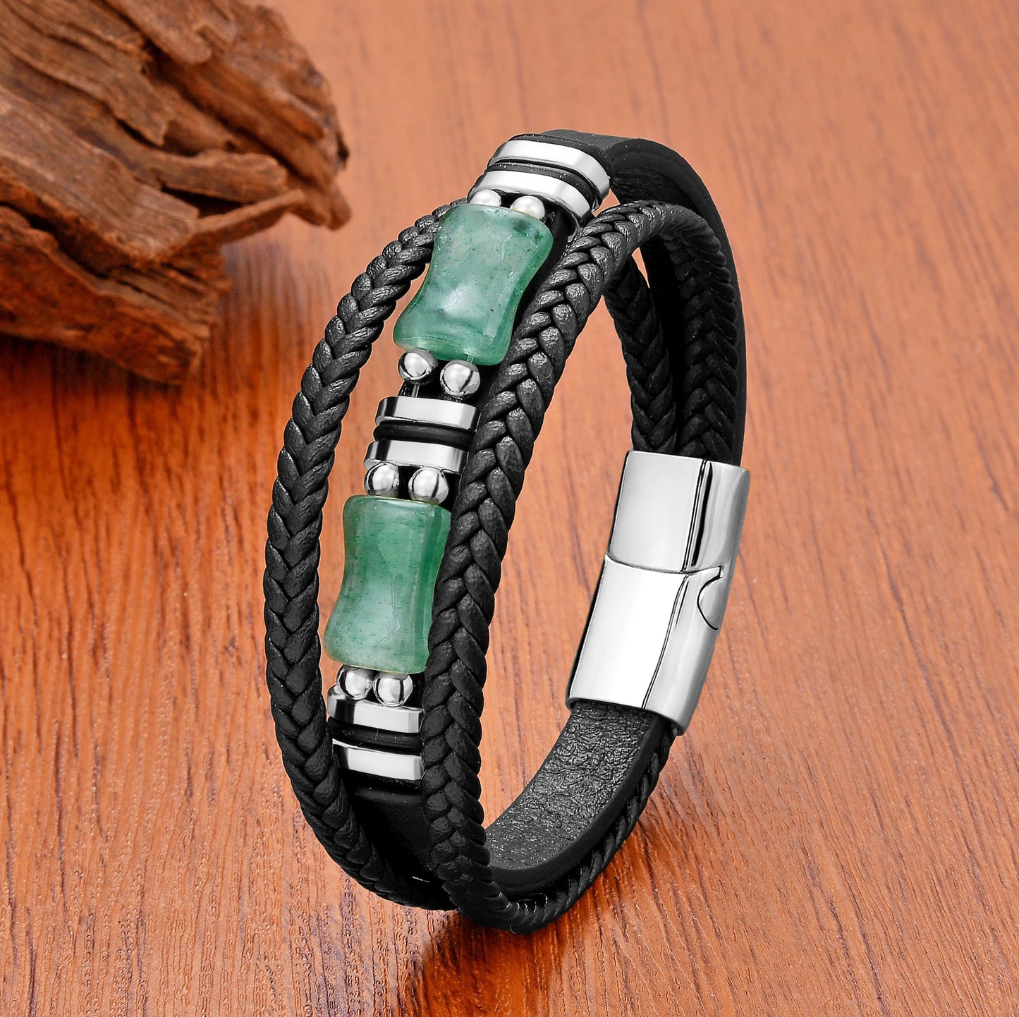 FZ Luxury Natural Geometric Green Stone Stainless Steel Bracelet