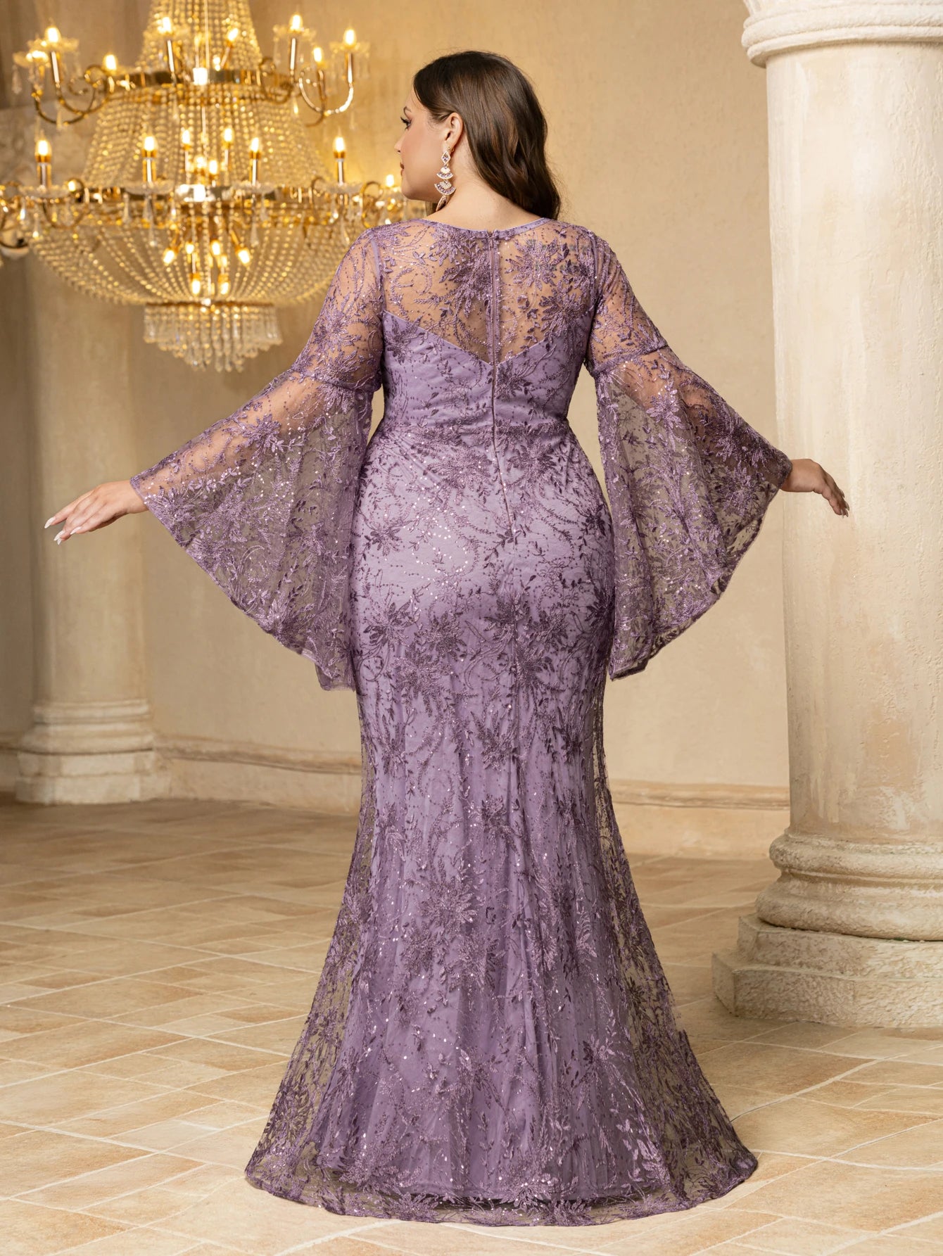 FZ Women's Plus Size  Mesh & Embroidery Splicing, Flared Sleeves Evening Dress