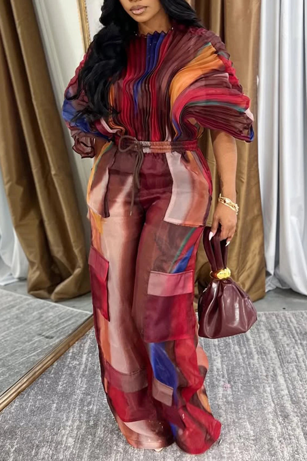 FZ Women's Plus Size Gradient Batwing Sleeve Cargo Pleated Two Piece Pants Suit