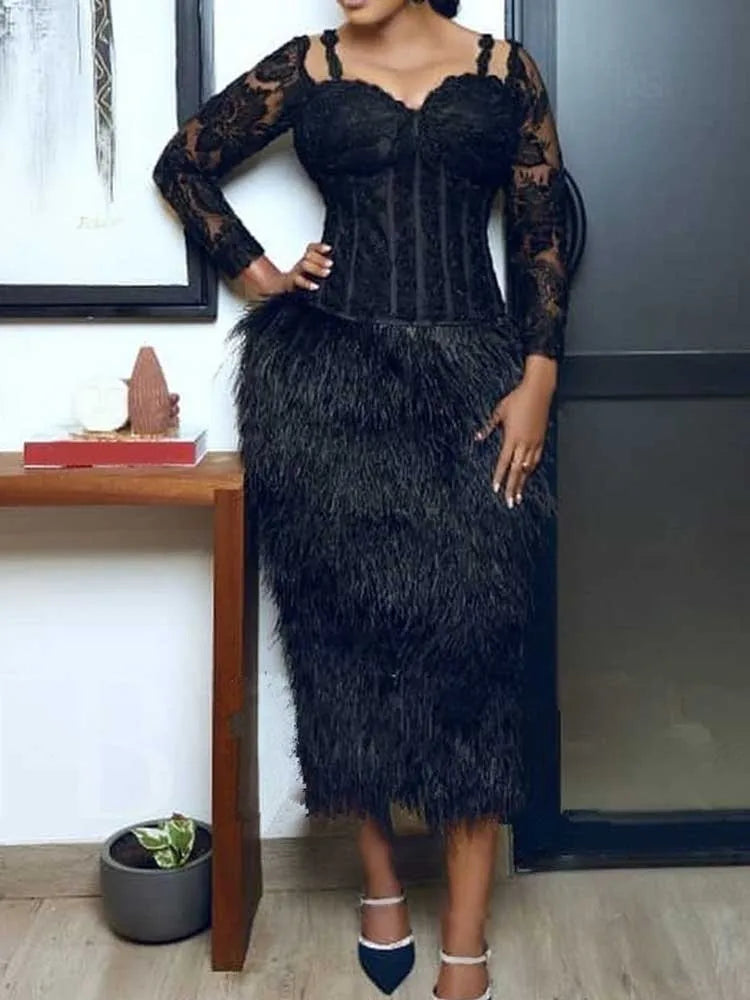 FZ Women's Long Lace Sleeves Strapless with Tassels Dress