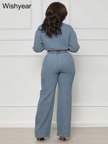 FZ Women's Elegant Denim Two Piece Drawstring Wide Leg Pants Suit - FZwear
