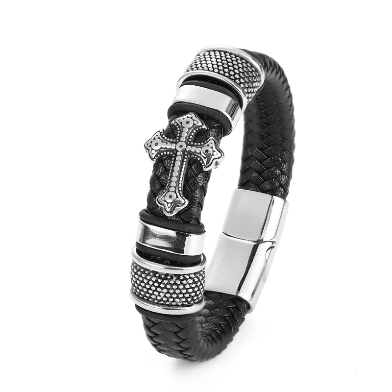 FZ Men's Hand-woven Rope Multi-layer Stainless Steel Leather Cross Bracelet