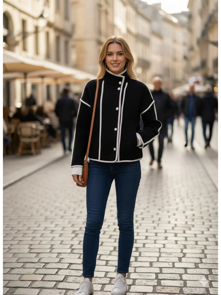 FZ Women's Simple Contrast Color High Neck Loose Fit Jacket