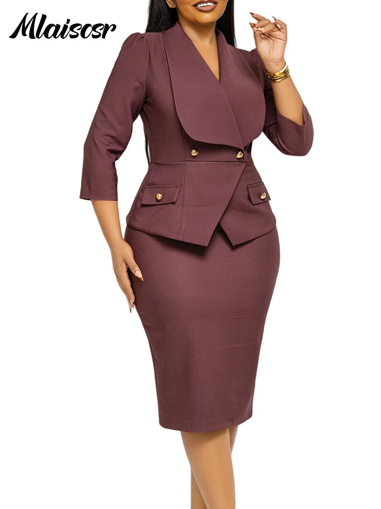 FZ Women's 3/4 Sleeve button Slim pencil Mid Dress