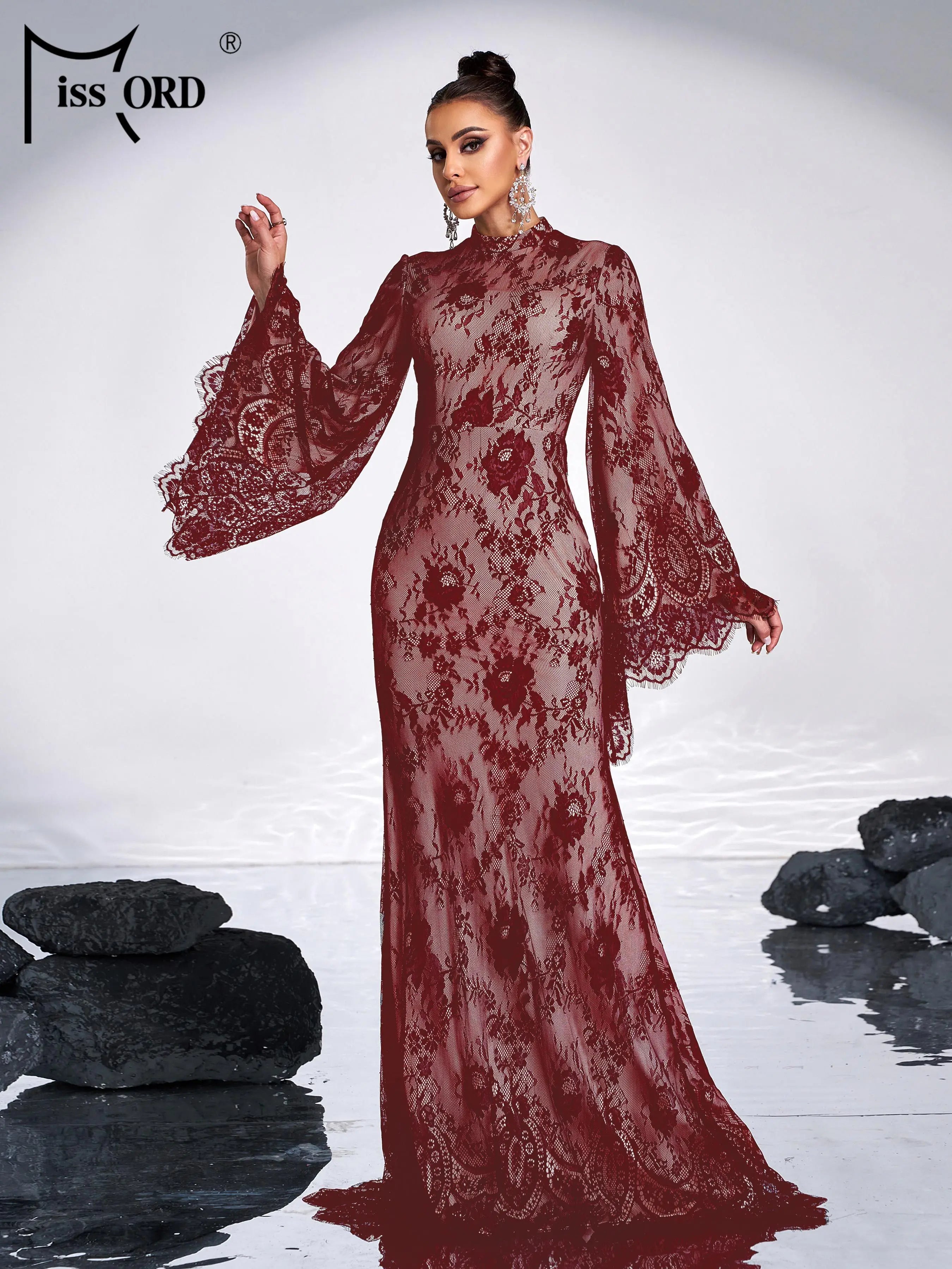 FZ Women's Round Neck Flare Sleeve Tulle Mermaid Cocktail Evening Dress