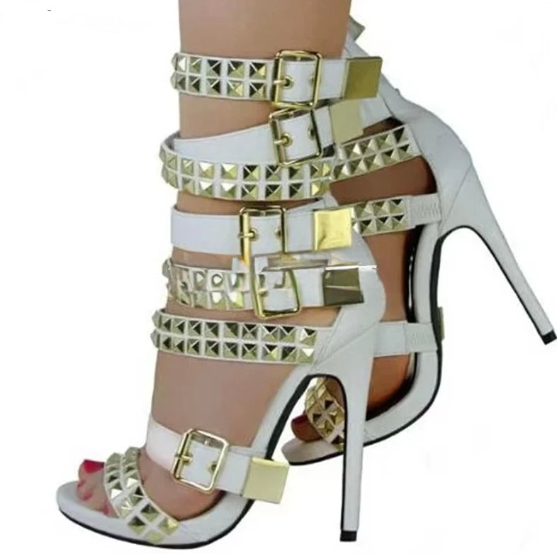 FZ Women's Metal Rivets Buckles Gladiator Stiletto Heel Sandals Shoes