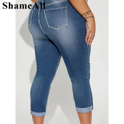 Women's Plus Size Casual Jeans,  Washed Button Fly Ripped Roll Up Hem High Rise  Skinny Capri Jeans FZwear