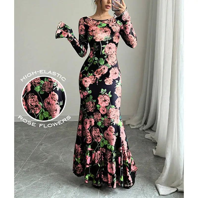 FZ Women's Rose Printed O Neck Long Sleeves Fishtail Maxi Dress