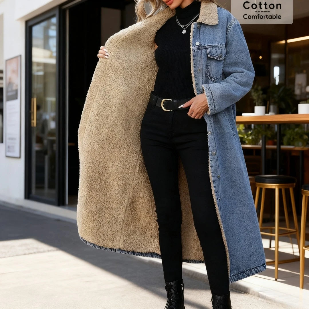 FZ Women's Faux Fur Mid Length Thick Coat Denim Jacket