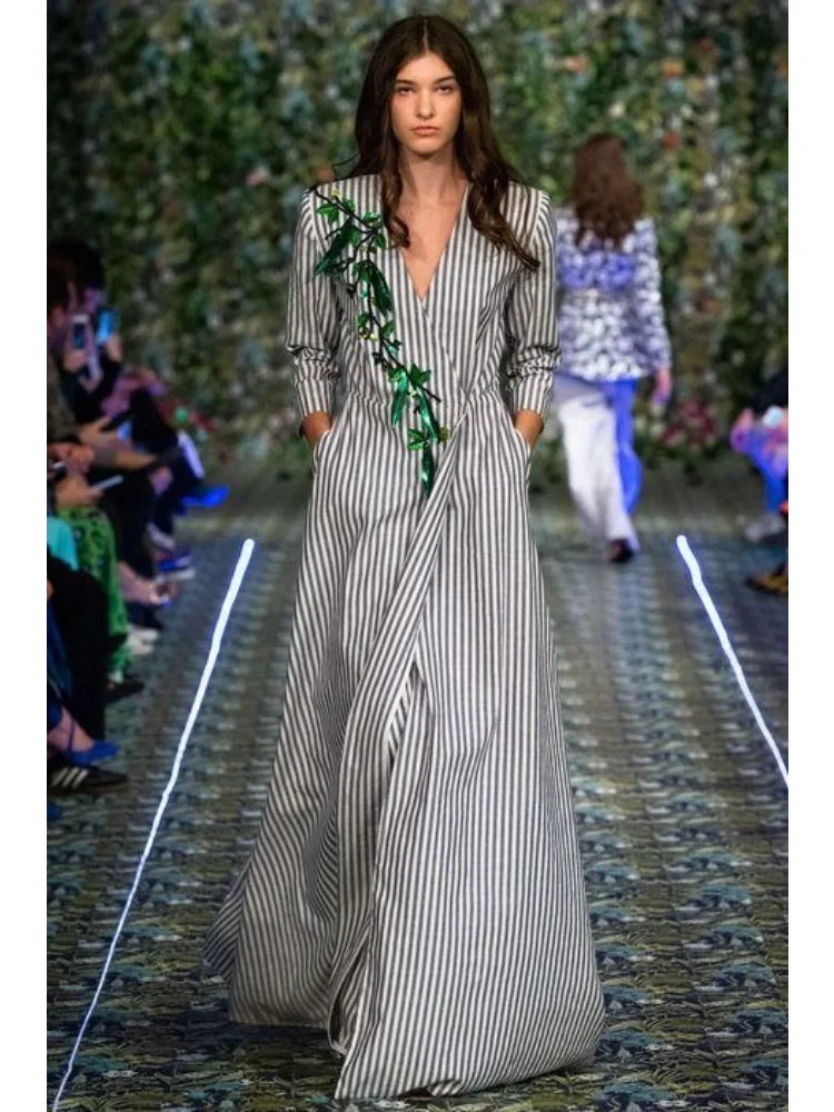 FZ Women's Striped  A-line V Neck Long Sleeve Printed Max Dress
