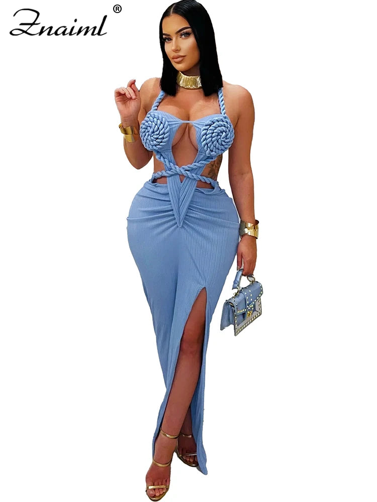 FZ Women's Halter Hollow Backless Slit Maxi Dress