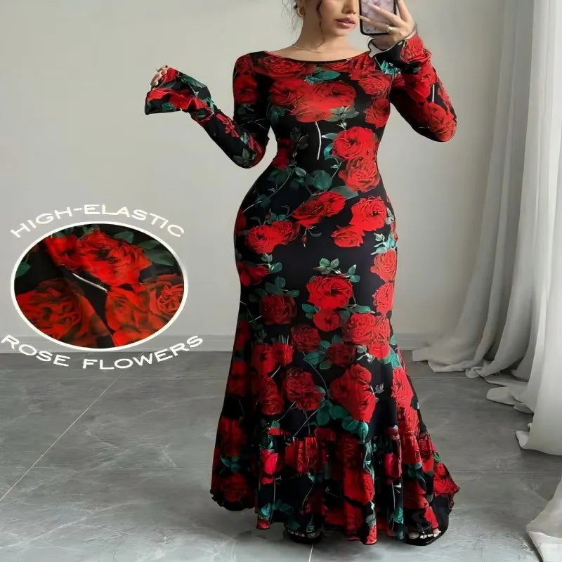 FZ Women's Rose Printed O Neck Long Sleeves Fishtail Maxi Dress