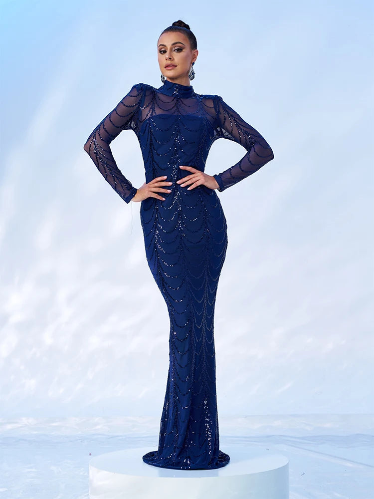 FZ Women's High Neck Long Sleeves See Though Sequin Dress