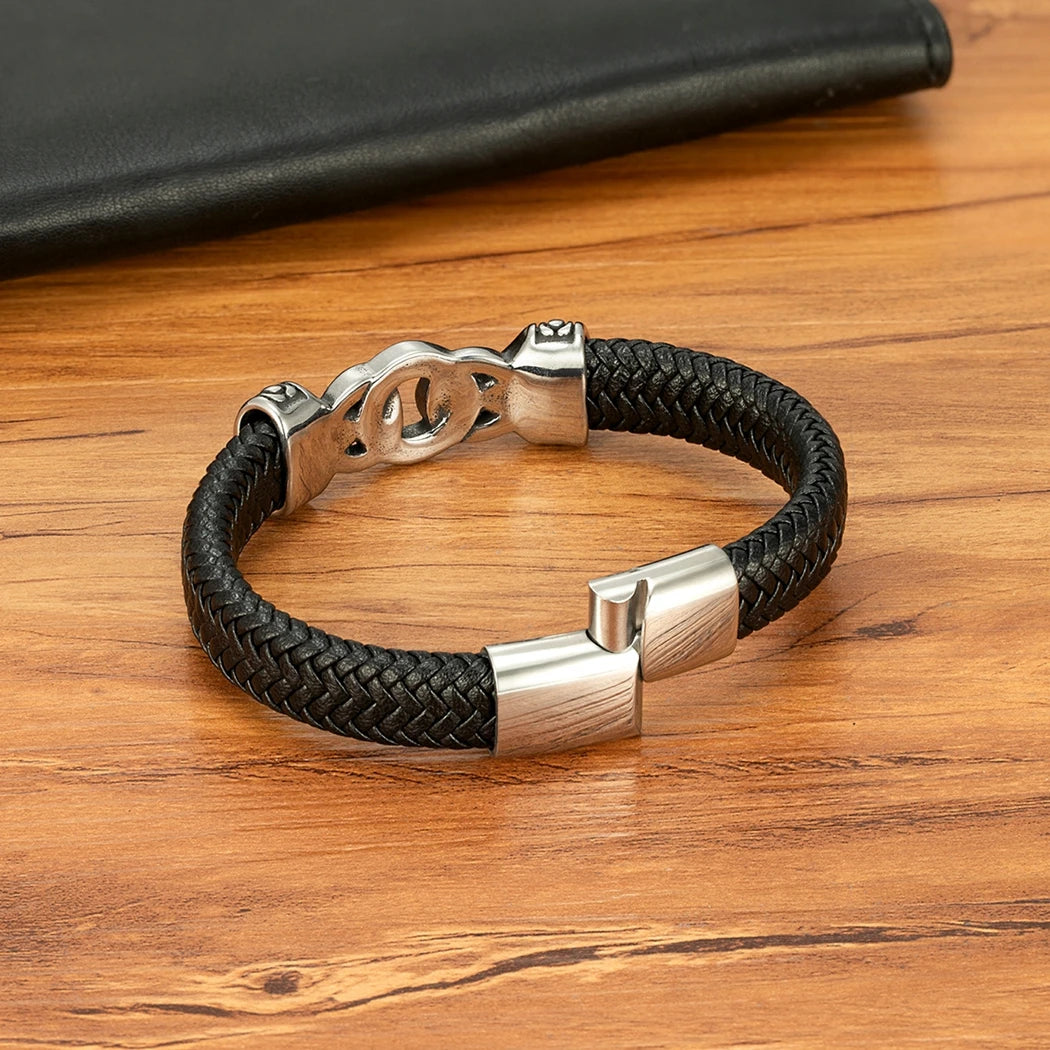 FZ Men's Stainless Steel Interlocking Leather Braided Bracelets