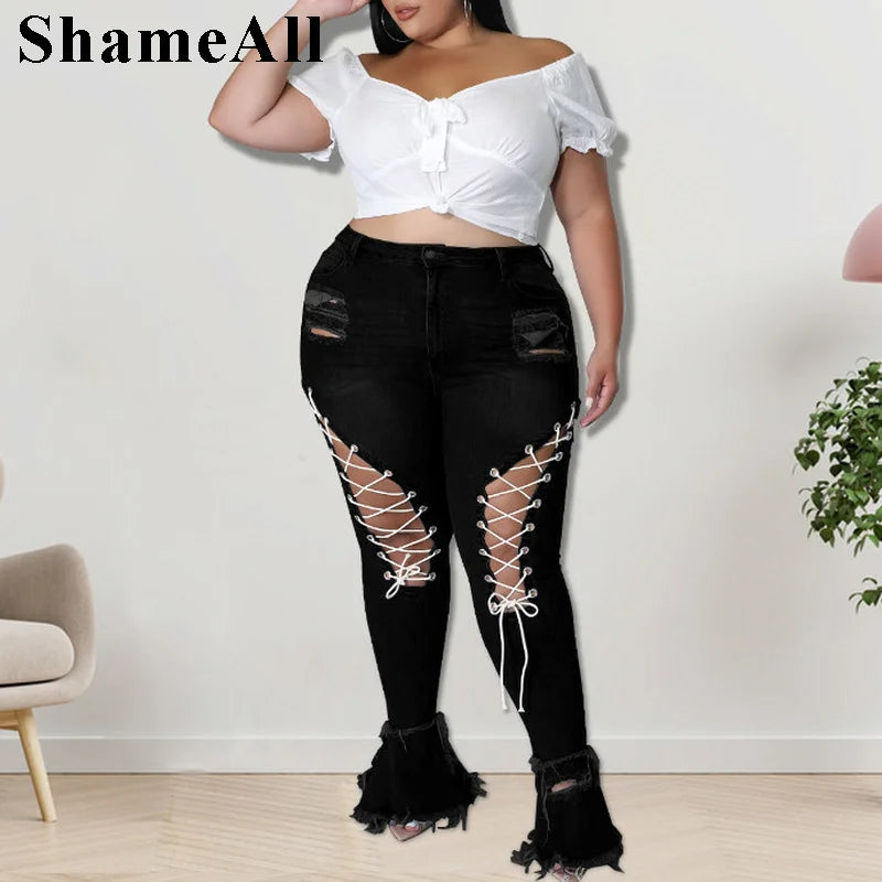 Plus Size Streetwear Lace Up Sexy Ripped Skinny Black Flare Jeans 4XL Woman Club Party High Waisted Stretchy Denim Bell Bottom FZwear