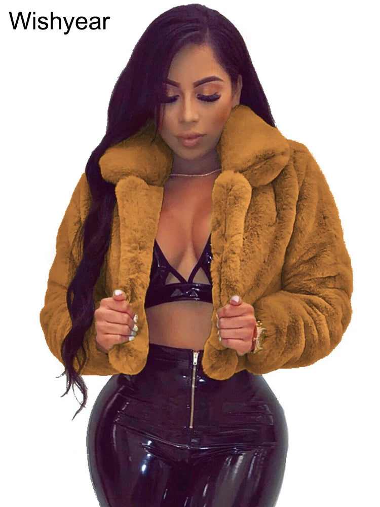 FZ Women's Faux Fur Open Stitch Lapel Crop Winter Fluffy Jacket