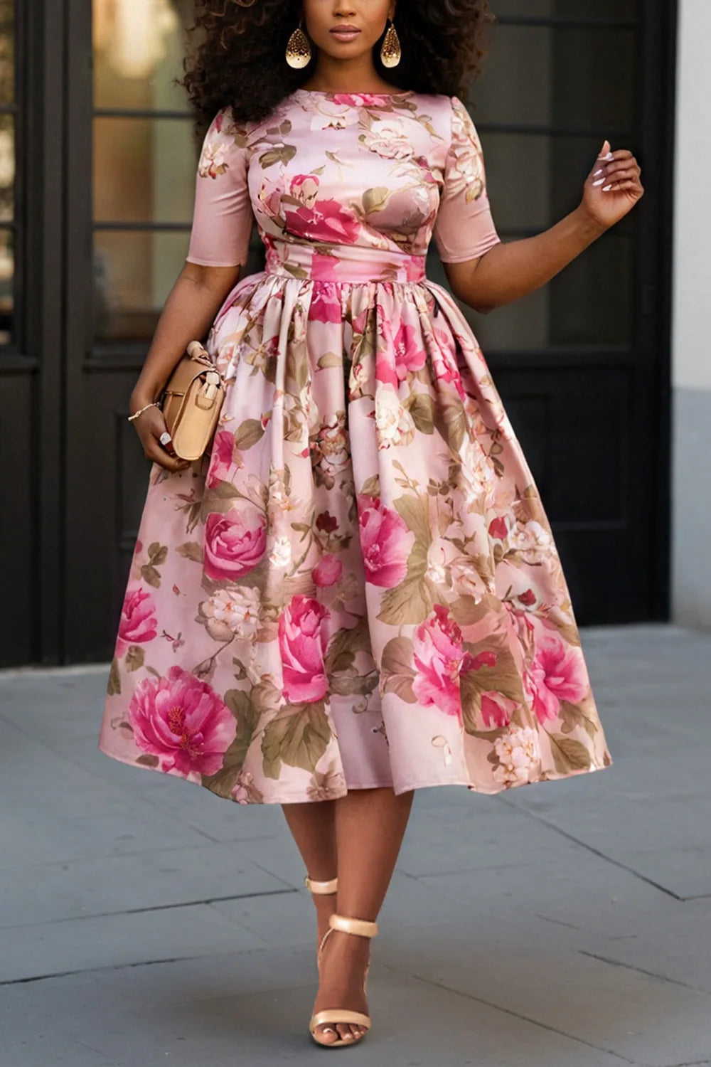 FZ Women's Plus Size Floral Round Neck Short Sleeve Pocket Satin Midi Dress