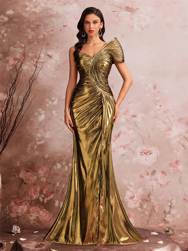 FZ Women's Slanted shoulder Waist-cinching Mermaid Maxi Evening Dress