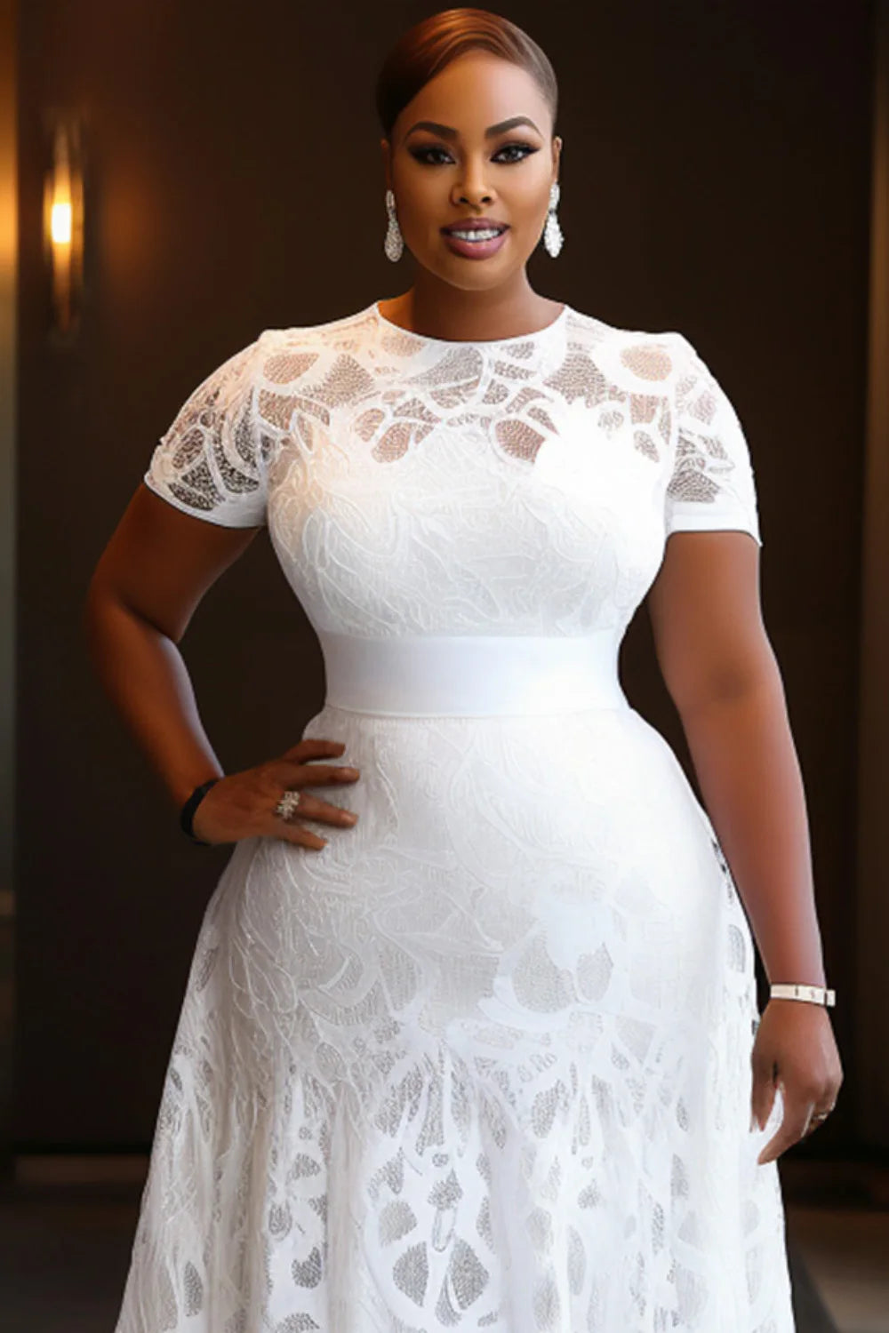 FZ Women's Plus Size Round Neck Short Sleeve Lace Maxi Dress