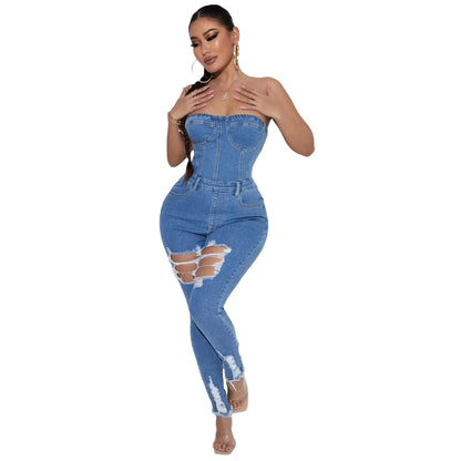 Summer Sexy Ripped Denim Women Jumpsuits Casual Vintage Strapless Stretchy Pants One Piece Streetwear Rompers Jean Playsuits FZwear