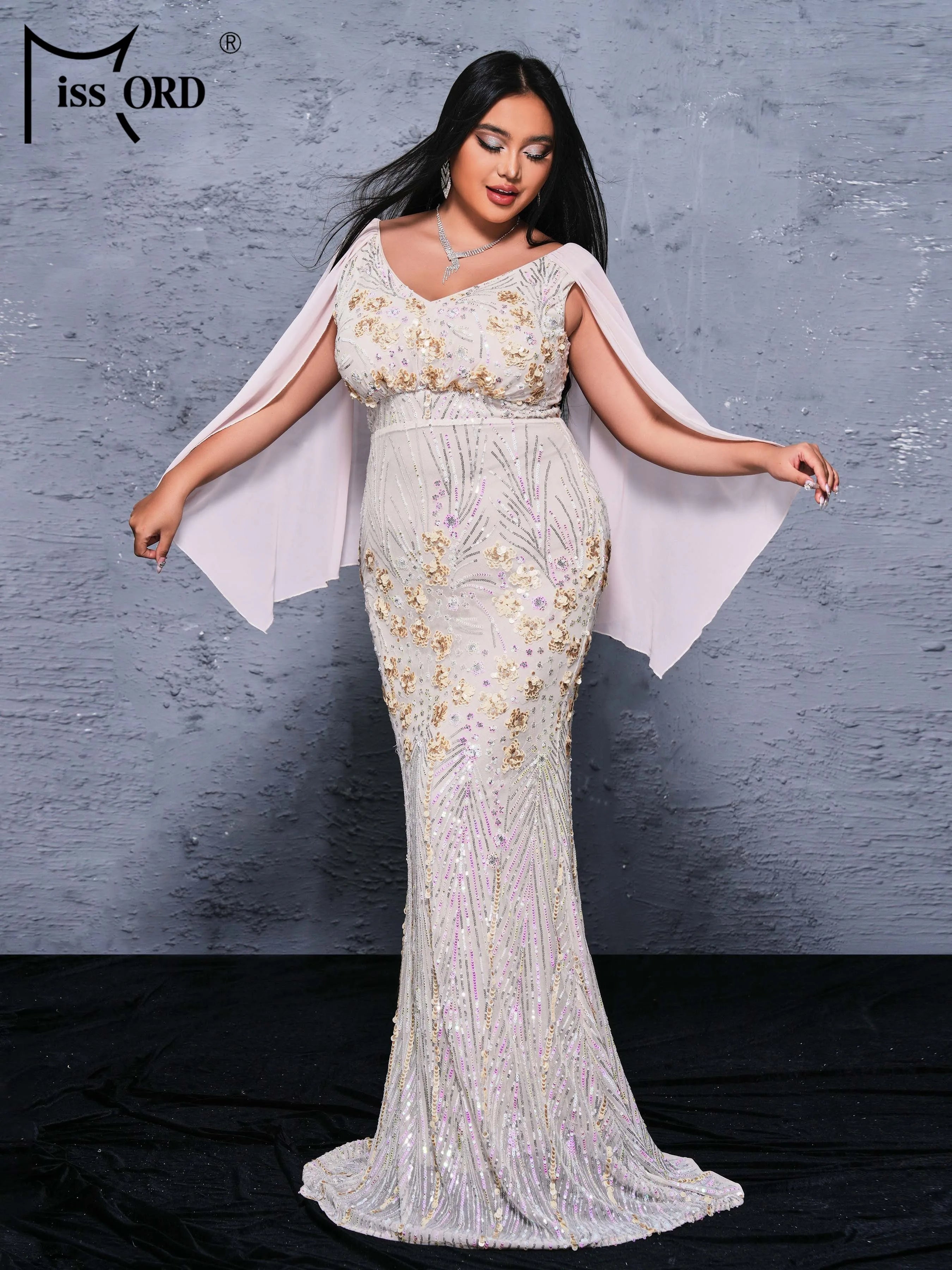 FZ Women's Plus Size V Neck Sequin Mermaid Floor Length Evening Dress