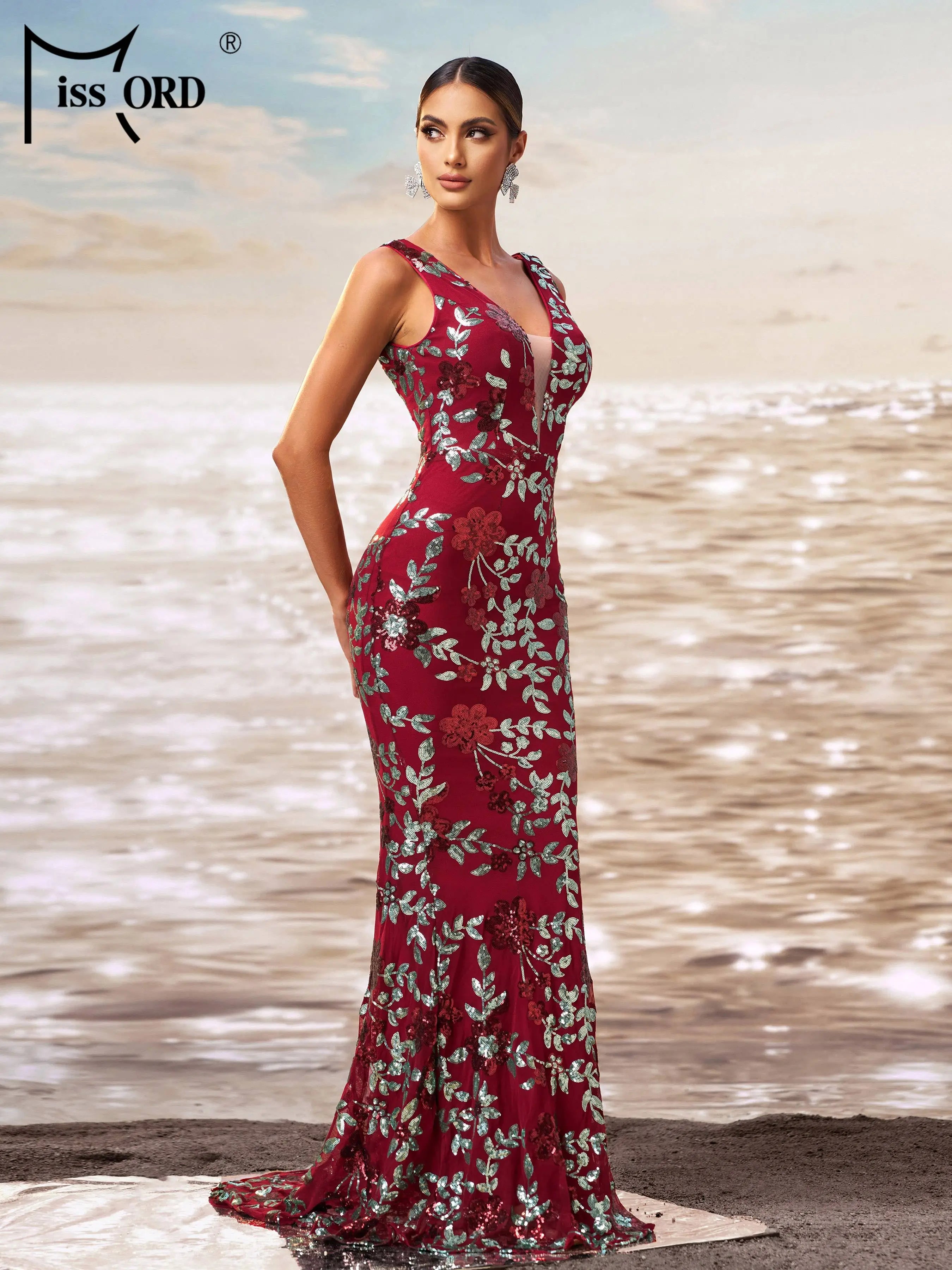 FZ Women's V Neck Sequin Mermaid Cocktail Floor Length Evening Dress