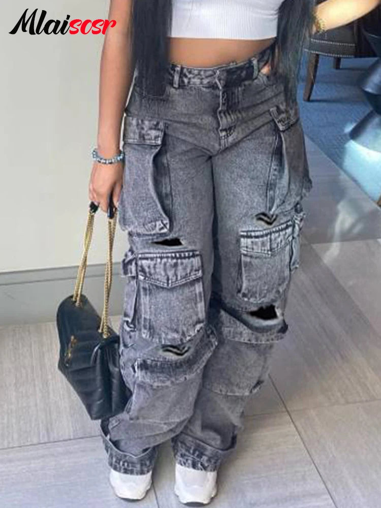 FZ Women's Multi Pockets Wide Legs Washed Street Vintage Denim Pants