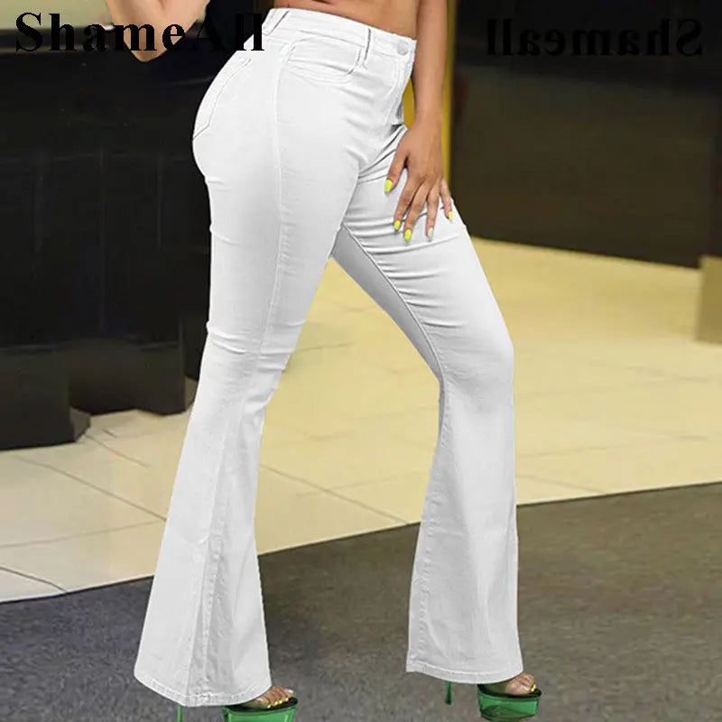 Plus Size Loose Comfortabl White Flare Jeans 3XL Streetwear Women High Waist Stretchy Grunge Denim Pants Wide Leg Bell Bottoms FZwear