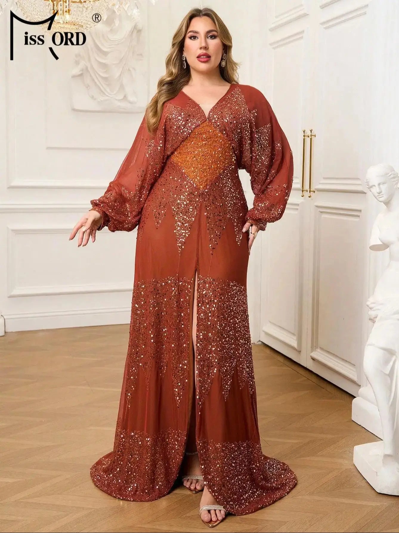 FZ Women's Plus Size V Neck Lantern Sleeve Sequin Evening Dress