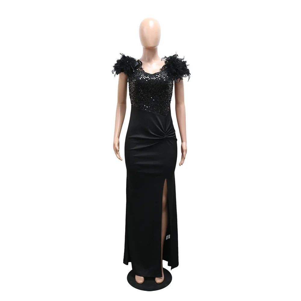 FZ Women's Sequin Feather Shoulders Mermaid Evening Dress