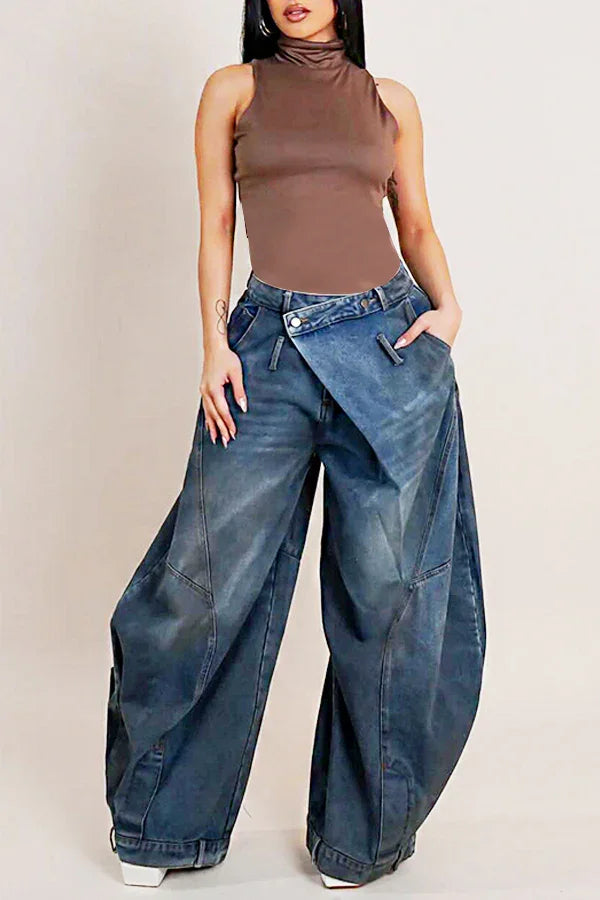 FZ Women's Plus Size Asymmetric Button Pocket Washed Denim Pants