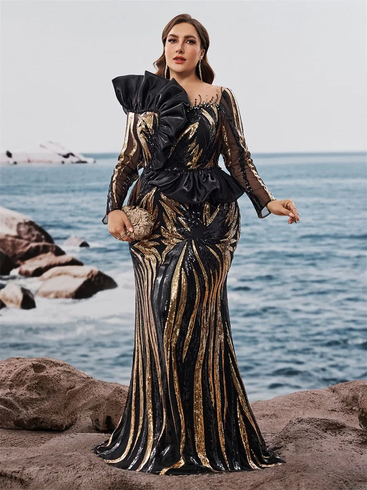 FZ Women's Plus Size Ruffled Sequins Long Sleeve Mermaid Evening Dress