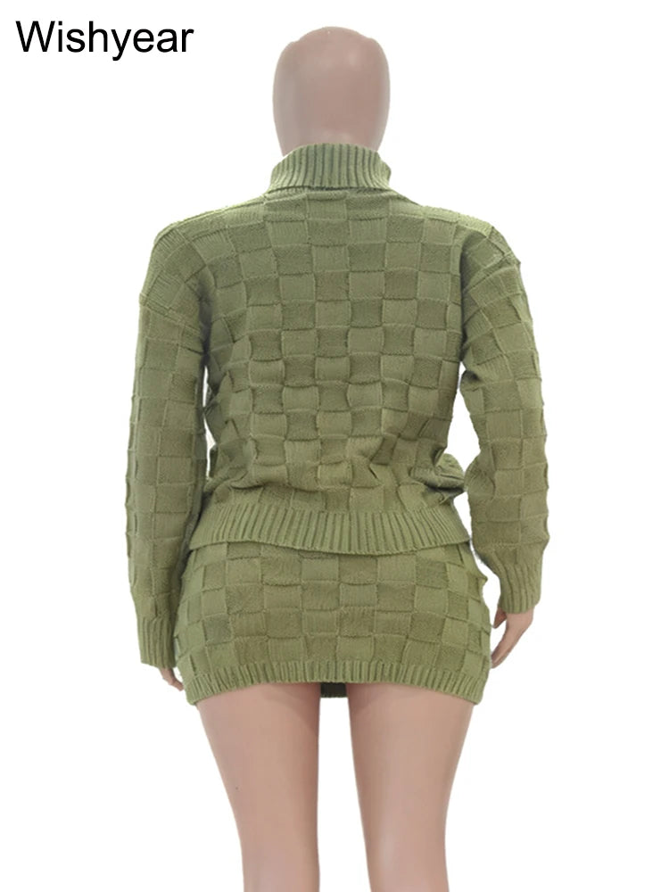 FZ Women's Long Sleeve Turtleneck Grid Knitted  2 Piece Mini Skirt Suit