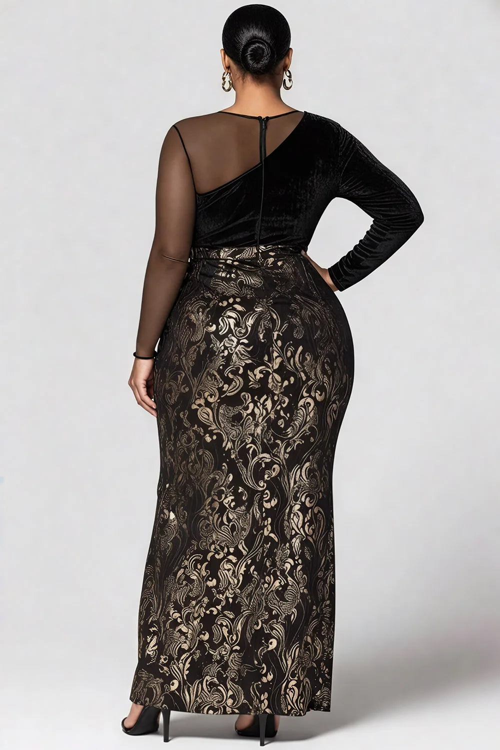 FZ Women's Plus Size Round Neck Long Sleeve Contrast Split Velvet Maxi Dress