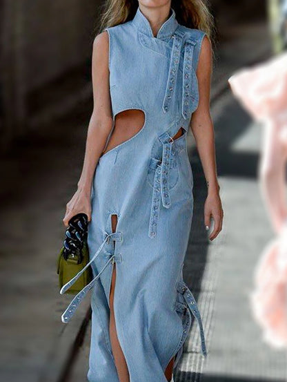 Women Denim Dress Fashion High Waist Hollow Out Long Party Dress Sexy Cutout Sleeveless Thigh Stand Collar Slit Maxi Dresses FZwear