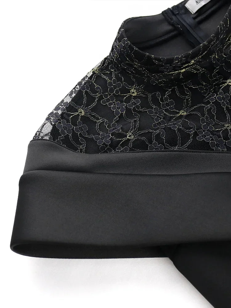 FZ Women's High Neck Lace Patchwork Sexy Slit Dress