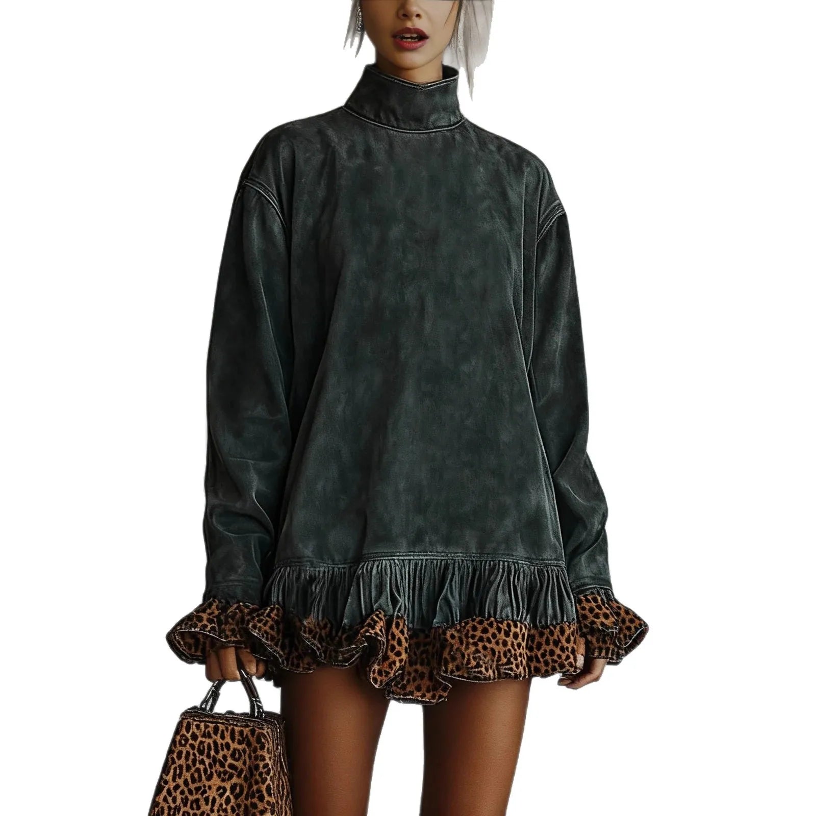 FZ Women's Turtleneck Leopard Trim Vintage Flare Sleeve Mini Dress